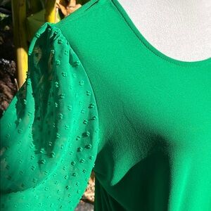 Vibrant Green Women's Blouse with Sheer Swiss Dot Sleeves